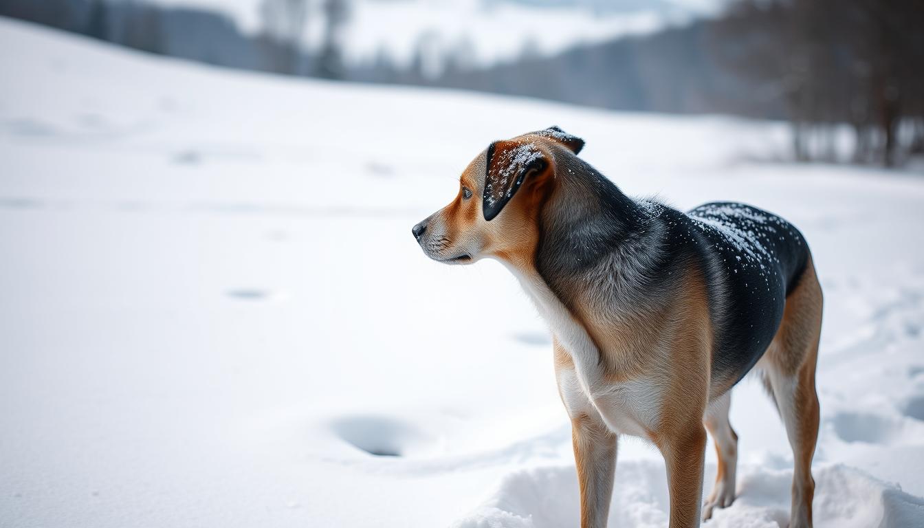 câine pe zăpadă