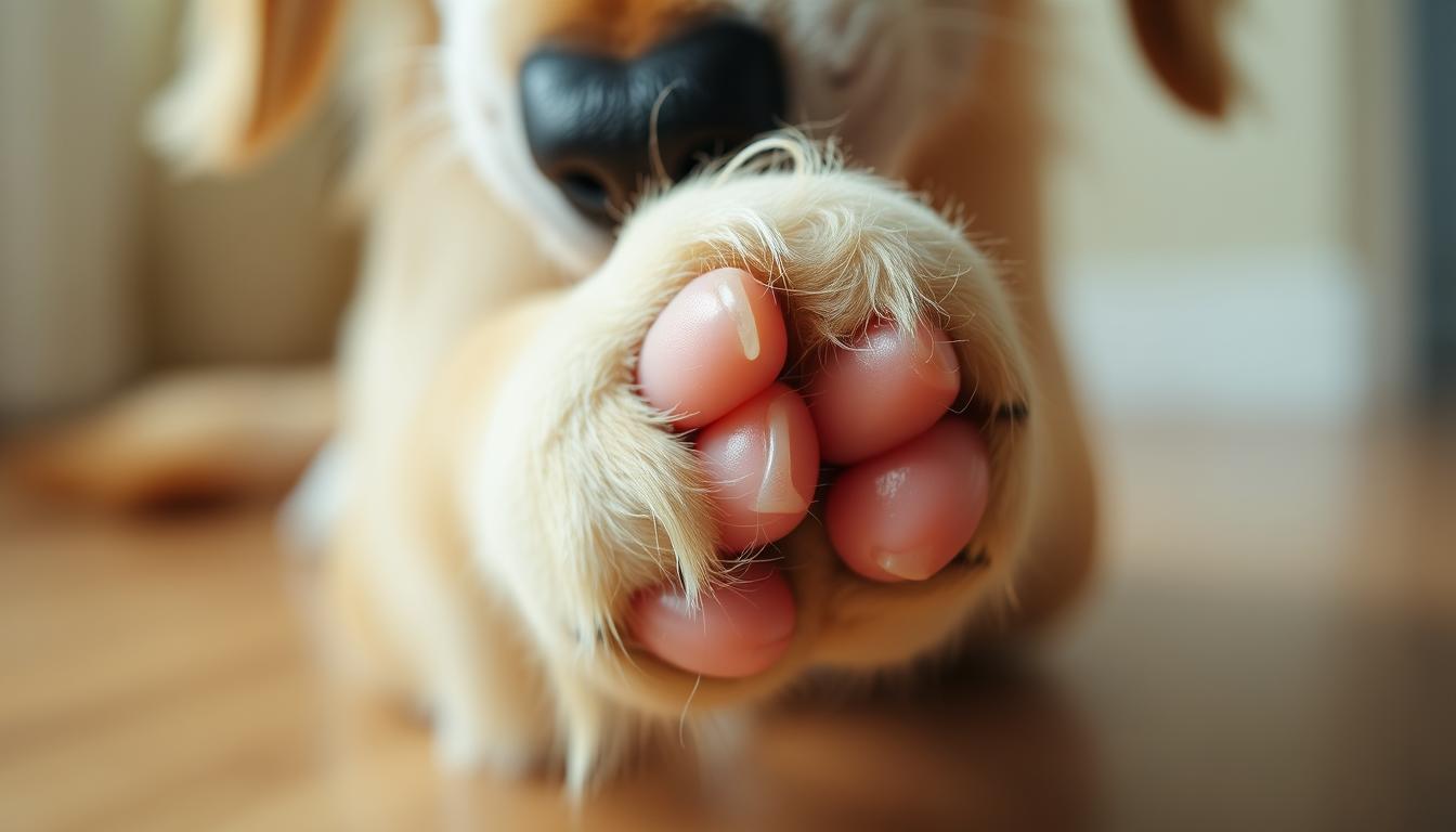 câinele își linge lăbuța