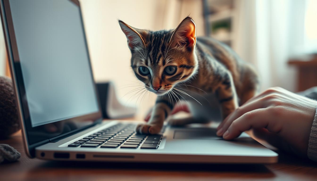 pisica se așază pe laptop