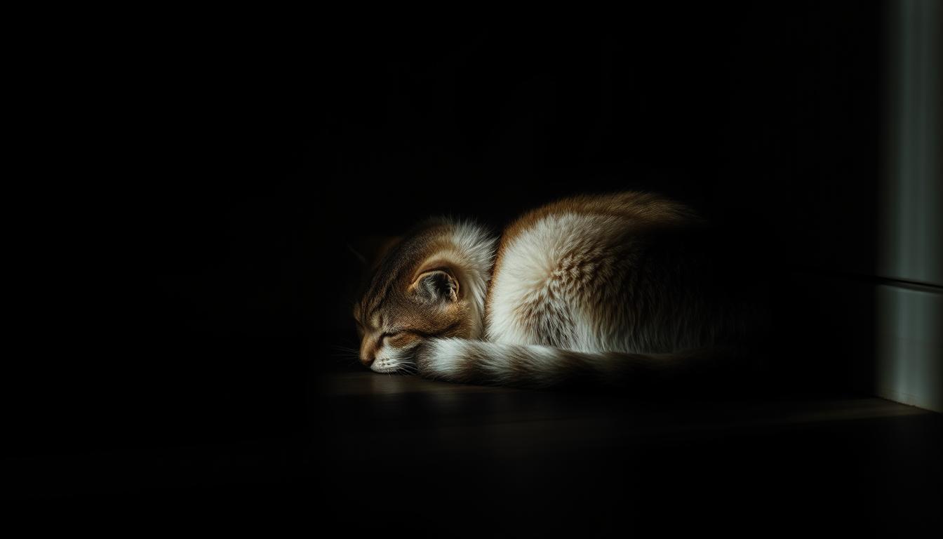 pisica stă nemișcată într-un colț