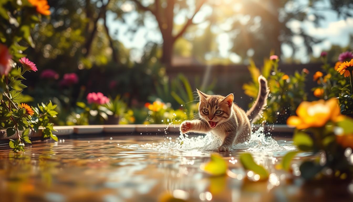 pisica-vara-joaca-in-apa pisică vară joacă în apă