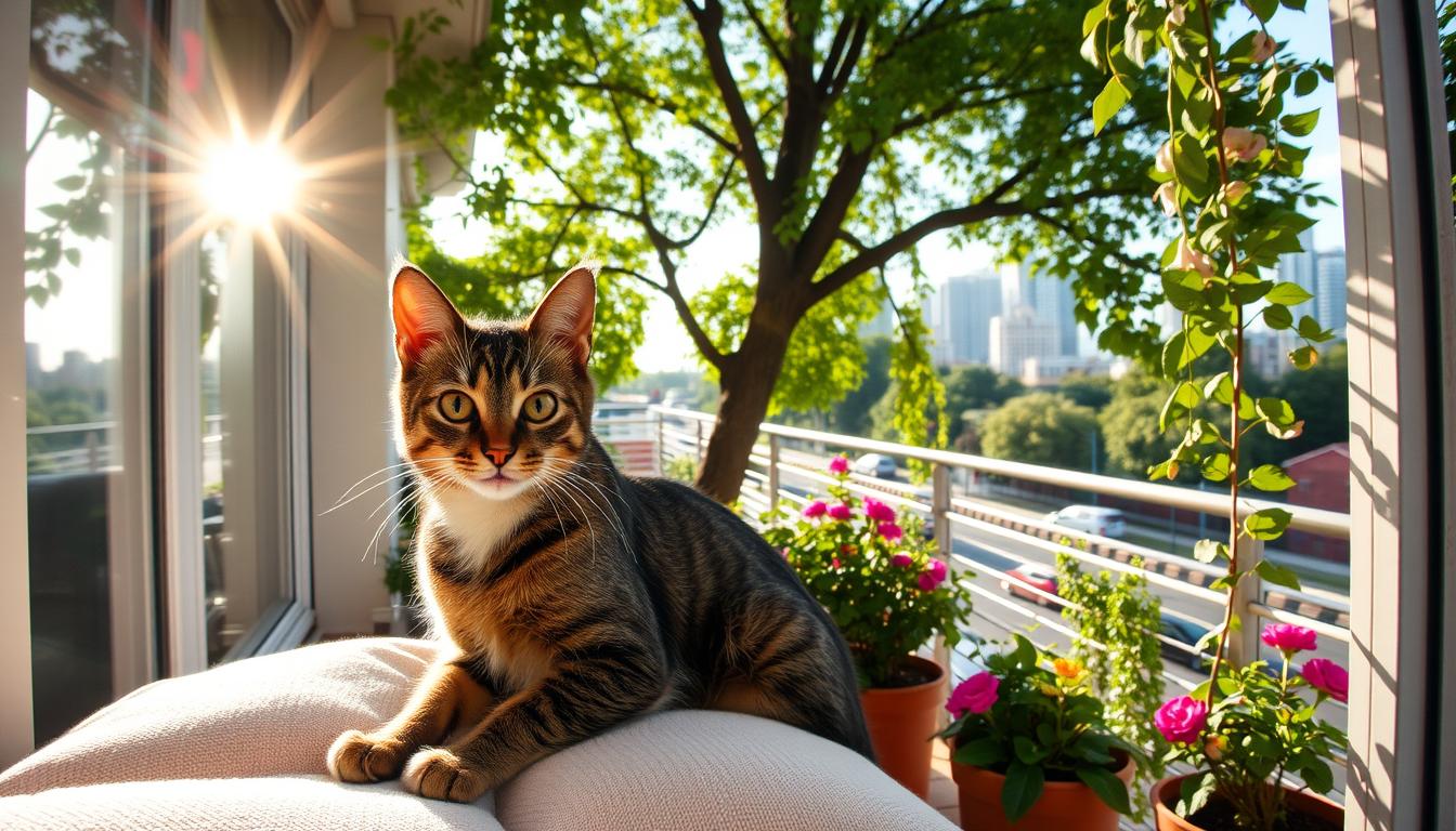 pisică vară observație de pe balcon