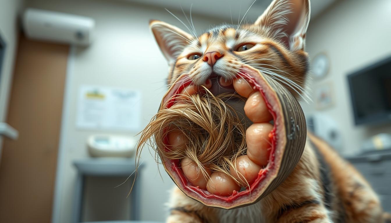 pisică obstrucție intestinală cauzată de înghițirea blănii