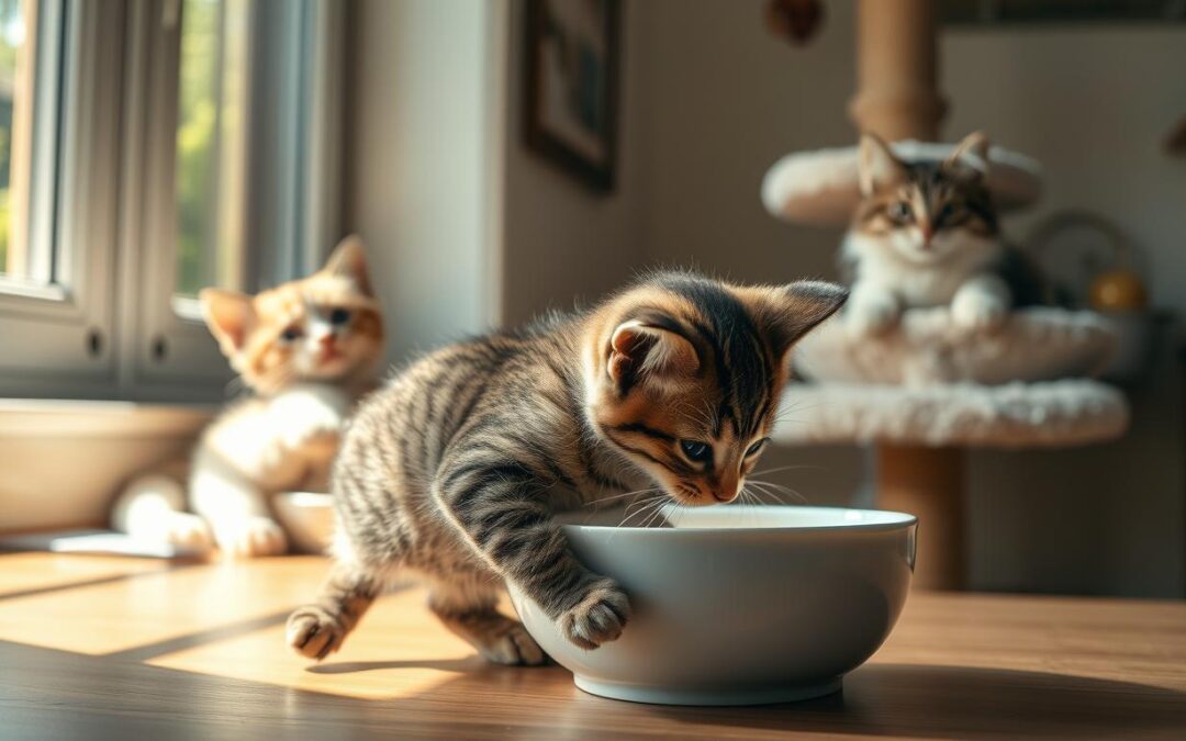 Hrănirea pisoiașului într-o casă cu mai multe pisici