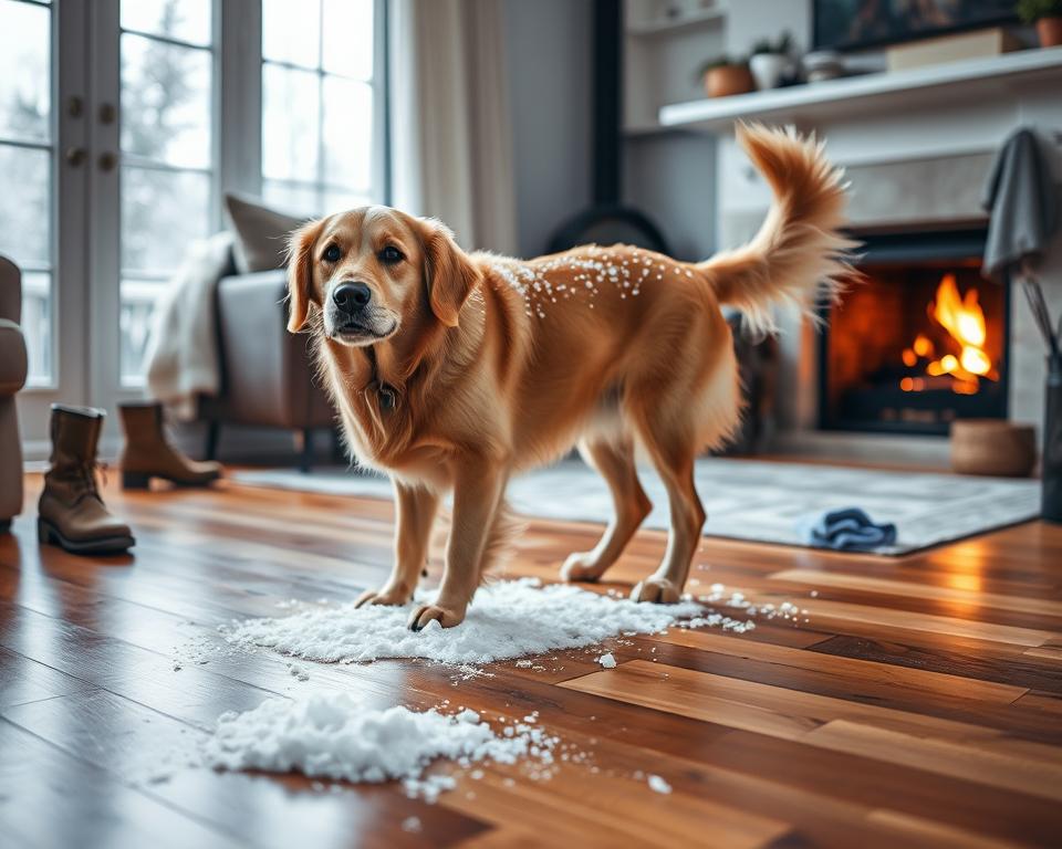 aducerea-zapezii-in-casa-de-catre-caine-iarna aducerea zăpezii în casă de către câine iarna