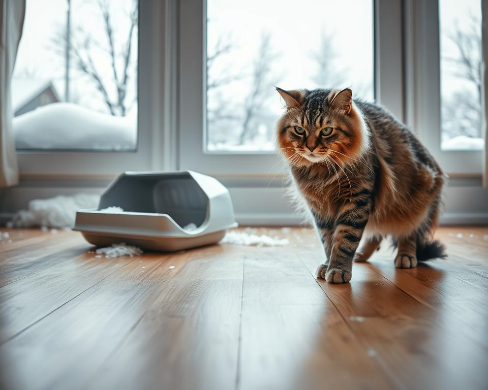 Pisica face pipi în afara litierei iarna