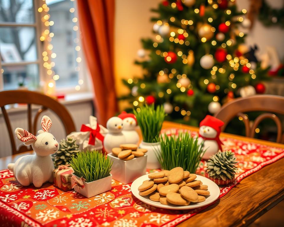 decorarea mesei de Crăciun și pisica