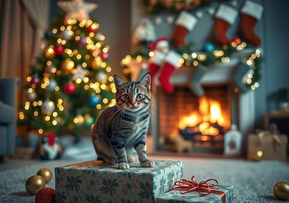 Ședință foto de Crăciun acasă cu pisica – idei de decor