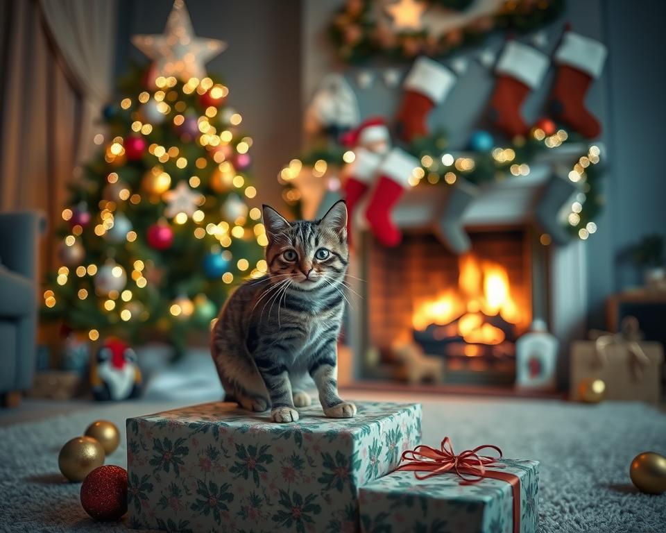 Ședință foto de Crăciun acasă cu pisica – idei de decor