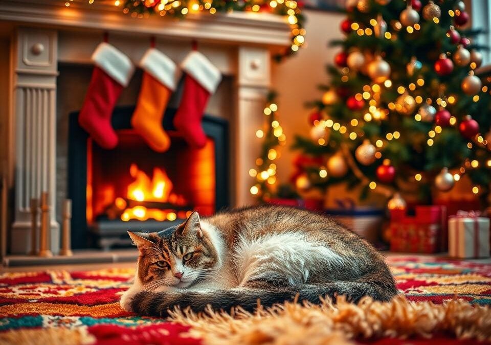 Șemineu și pisica – adevărata atmosferă de Crăciun