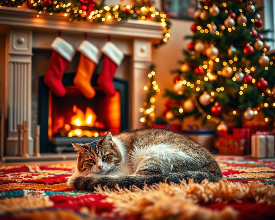 șemineul de Crăciun și pisica