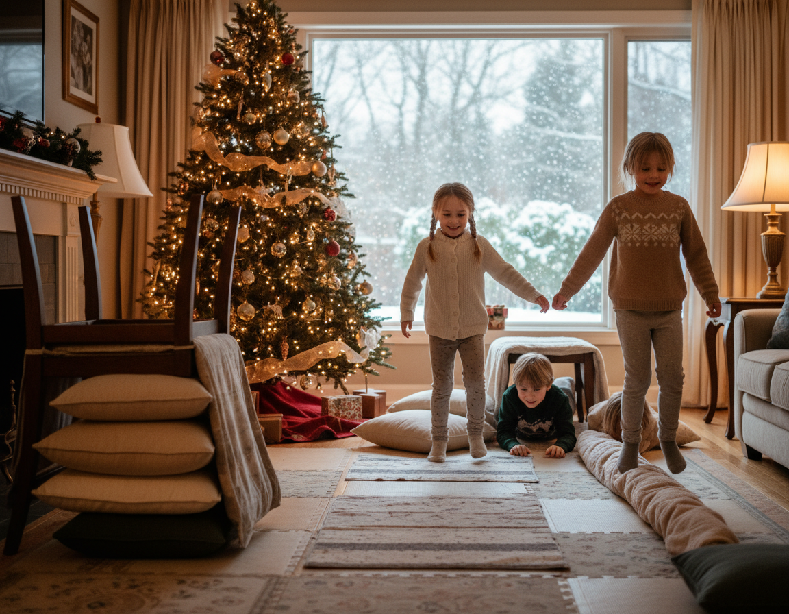 caine-iarna-creare-traseu-cu-obstacole-in-interior câine iarnă creare traseu cu obstacole în interior