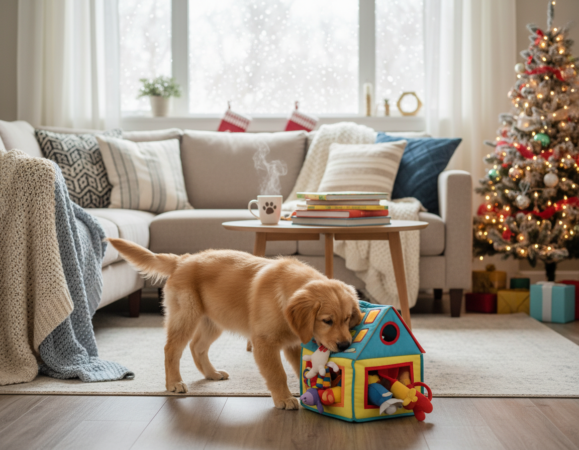 câine iarnă educație prin joacă în apartament