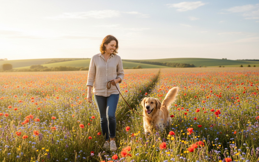 Plimbare cu câinele pe pajiști înflorite – pericole și bucurii